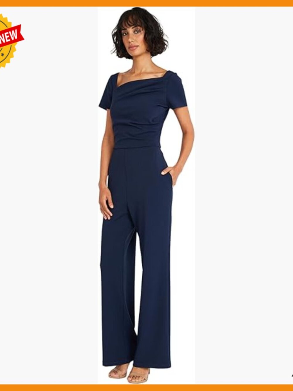 Short Sleeve Jumpsuit with Asymmetric Neck, Pockets, Polyester